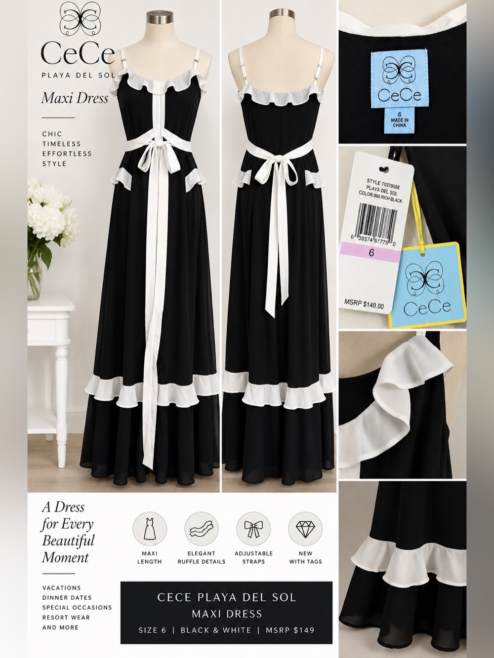 CeCe Black and White Ruffle-Trim Maxi Dress